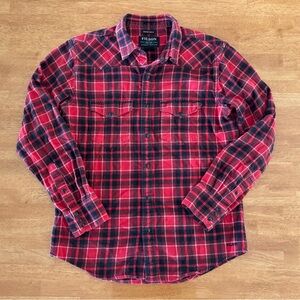 Filson Sz Small Red Plaid Pearl Snap Button Down Flannel Shirt Western Trim Fit